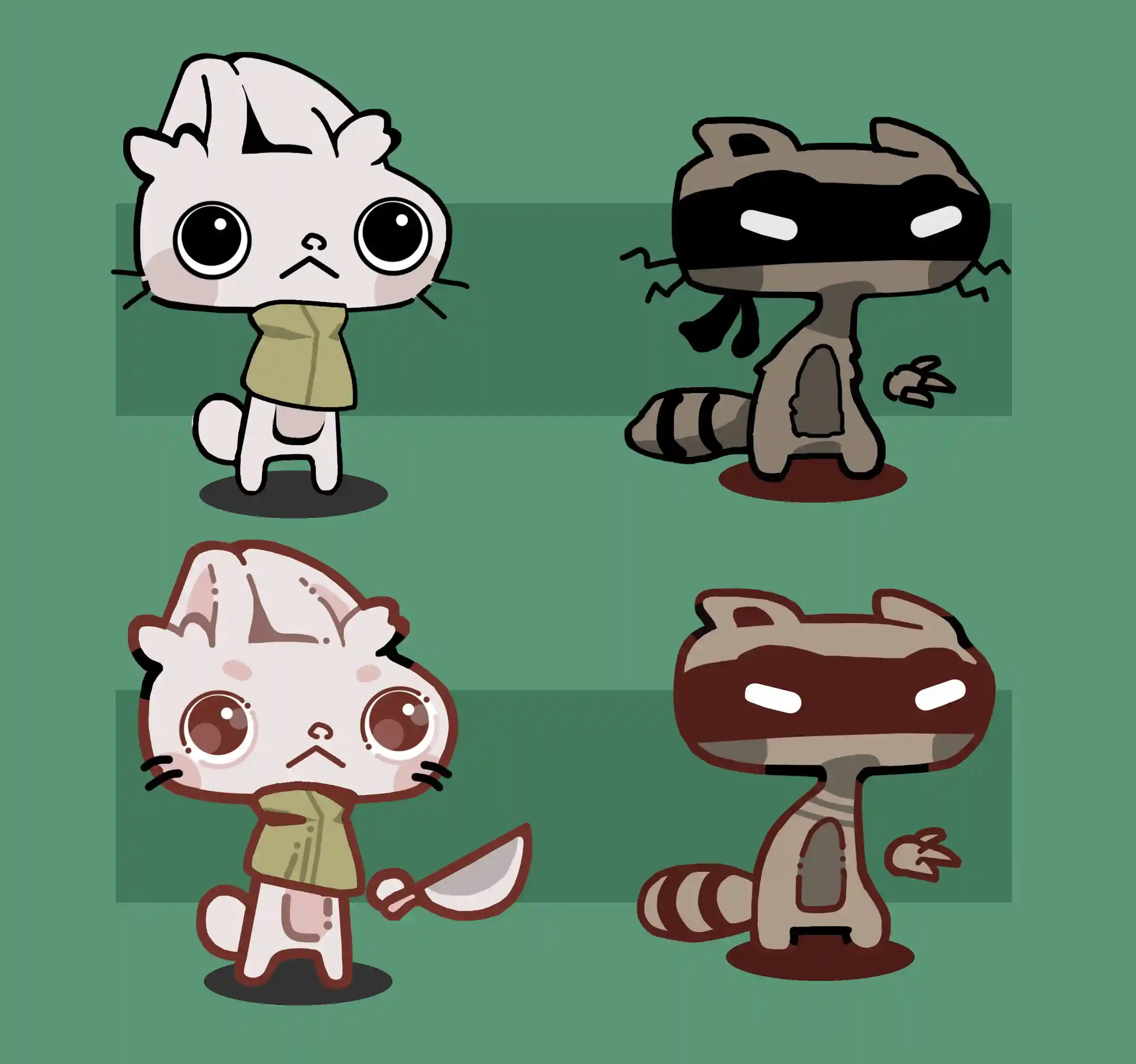 Visual comparison of the rabbit and the raccoon characters from the game in the old and the new style.