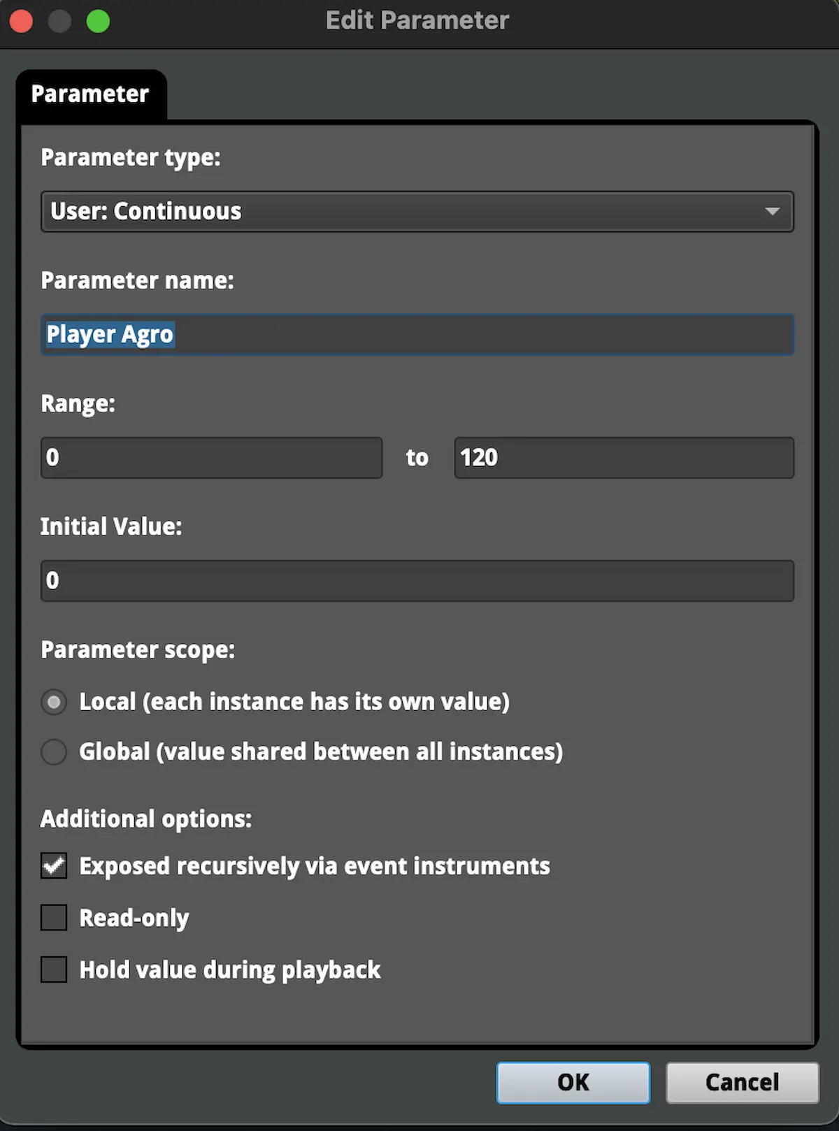 Image of a FMOD parameter’s settings