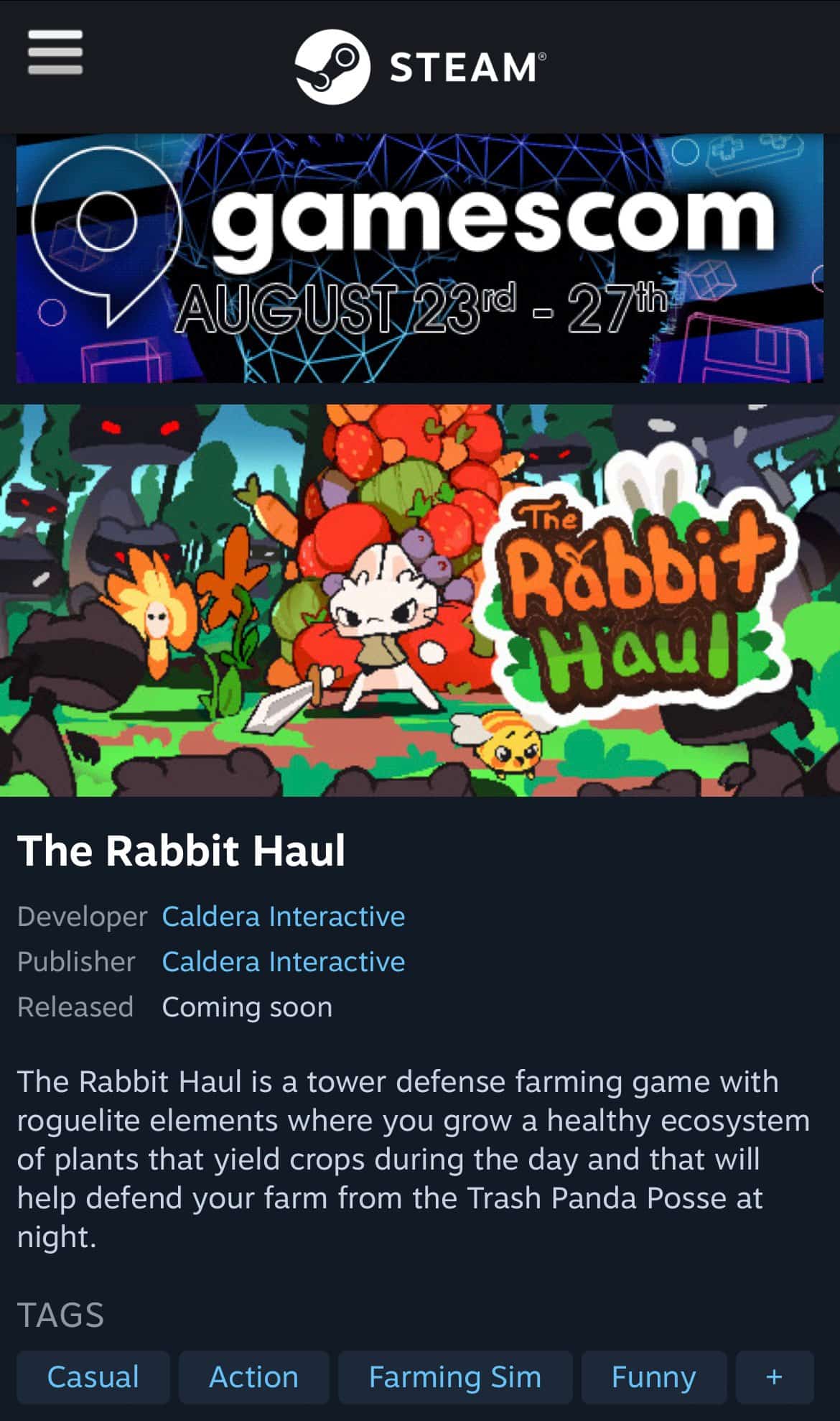 Screenshot of The Rabbit Haul's Steam page with the Gamescom Steam event banner
