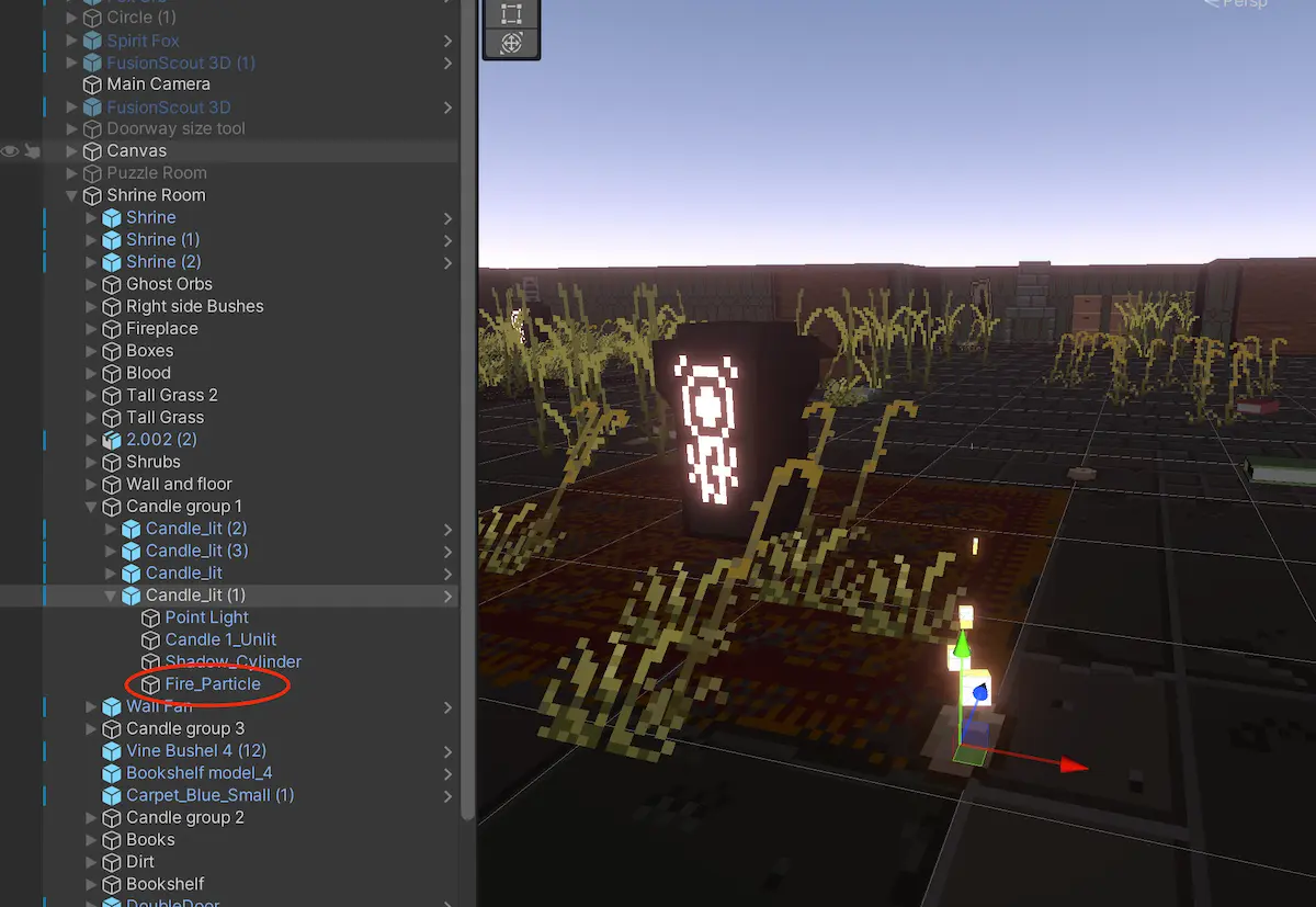 Screenshot of Unity highlighting the particle component in the hierarchy