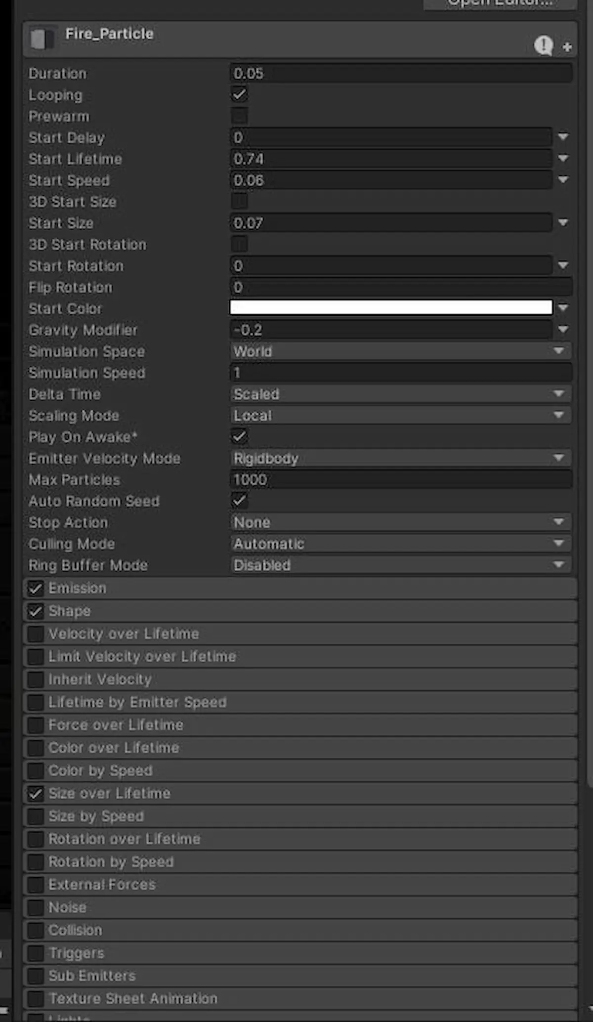 Screenshot of the particle component settings in Unity