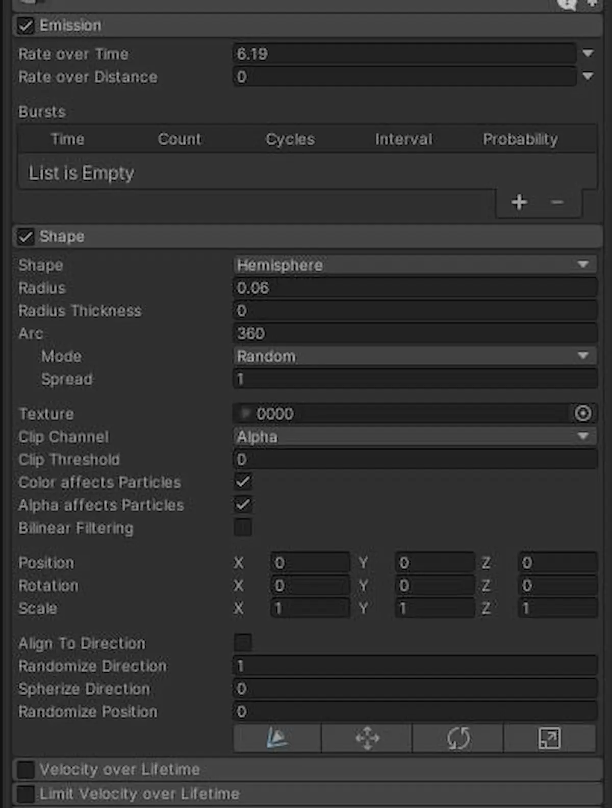 Another screenshot of the particle component showing the emission shape setting