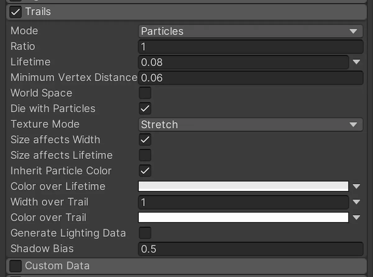 Another screenshot of the particle component showing the trails setting