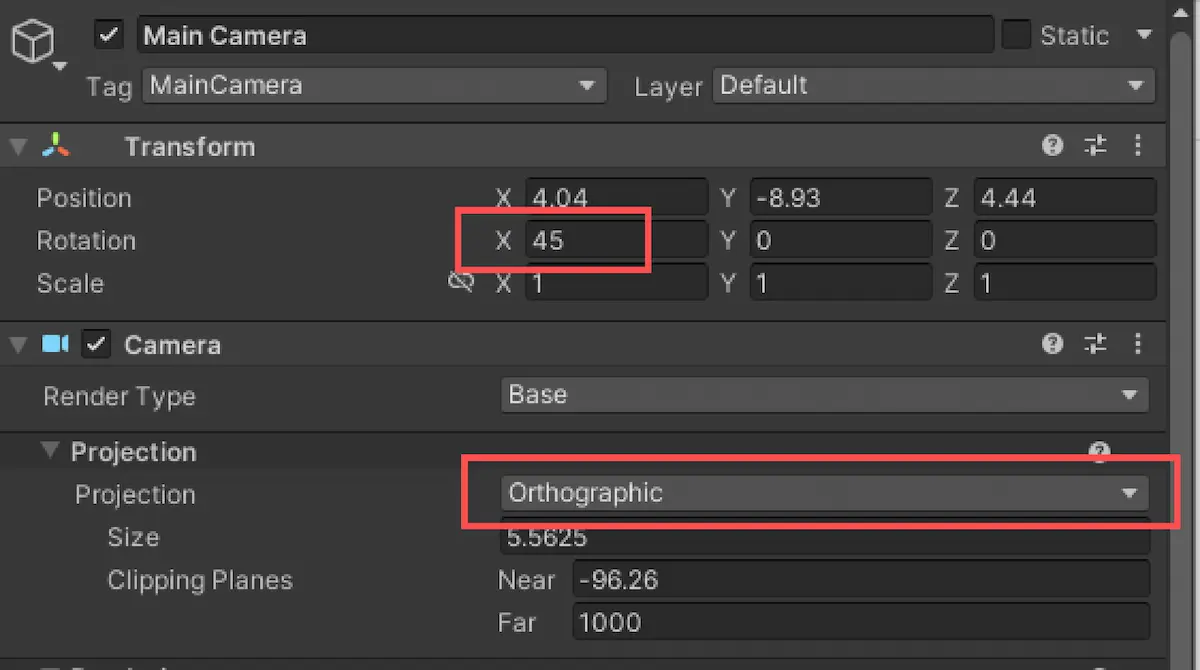 Image showing our Unity camera settings