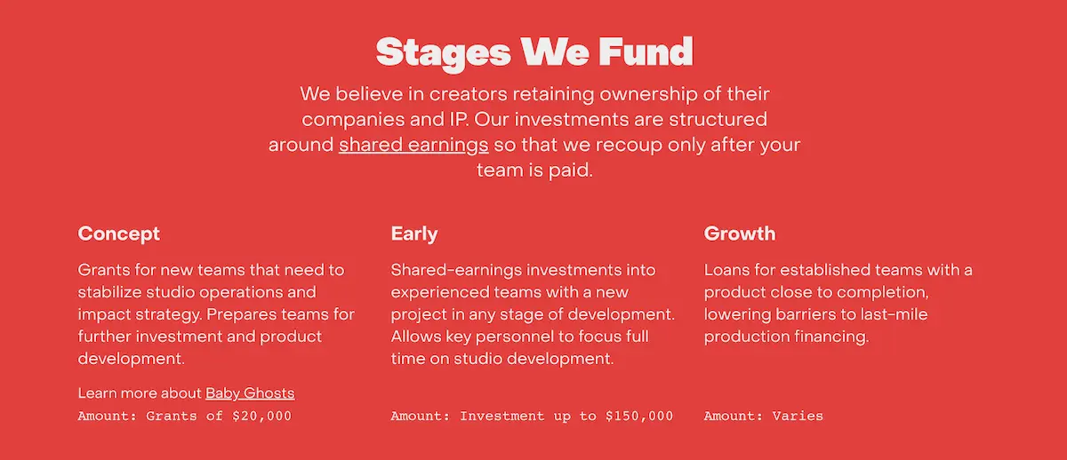 Screenshot from the Weird Ghosts website showing the different funding streams for studios