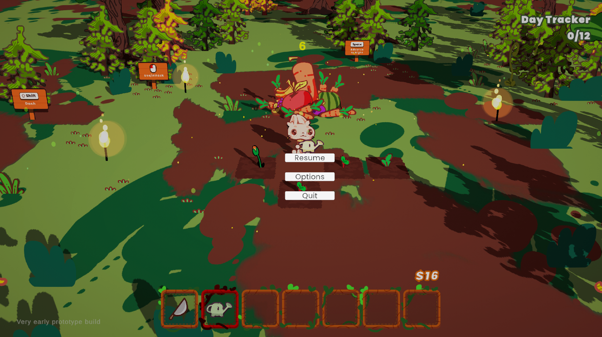 Screenshot in-game of The Rabbit Haul, featuring a basic pause menu overlay on top of a green and brown forest floor