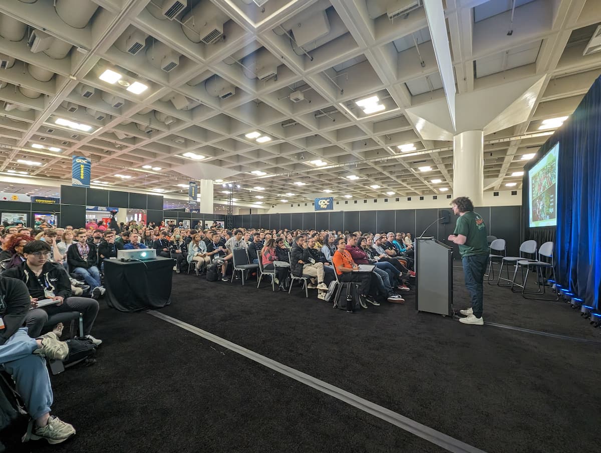 Image of Isael pitching to hundreds of attendees at GDC 2024