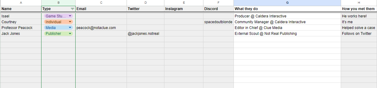 Example Customer Relationship Management (CRM) tool in Google Sheets.