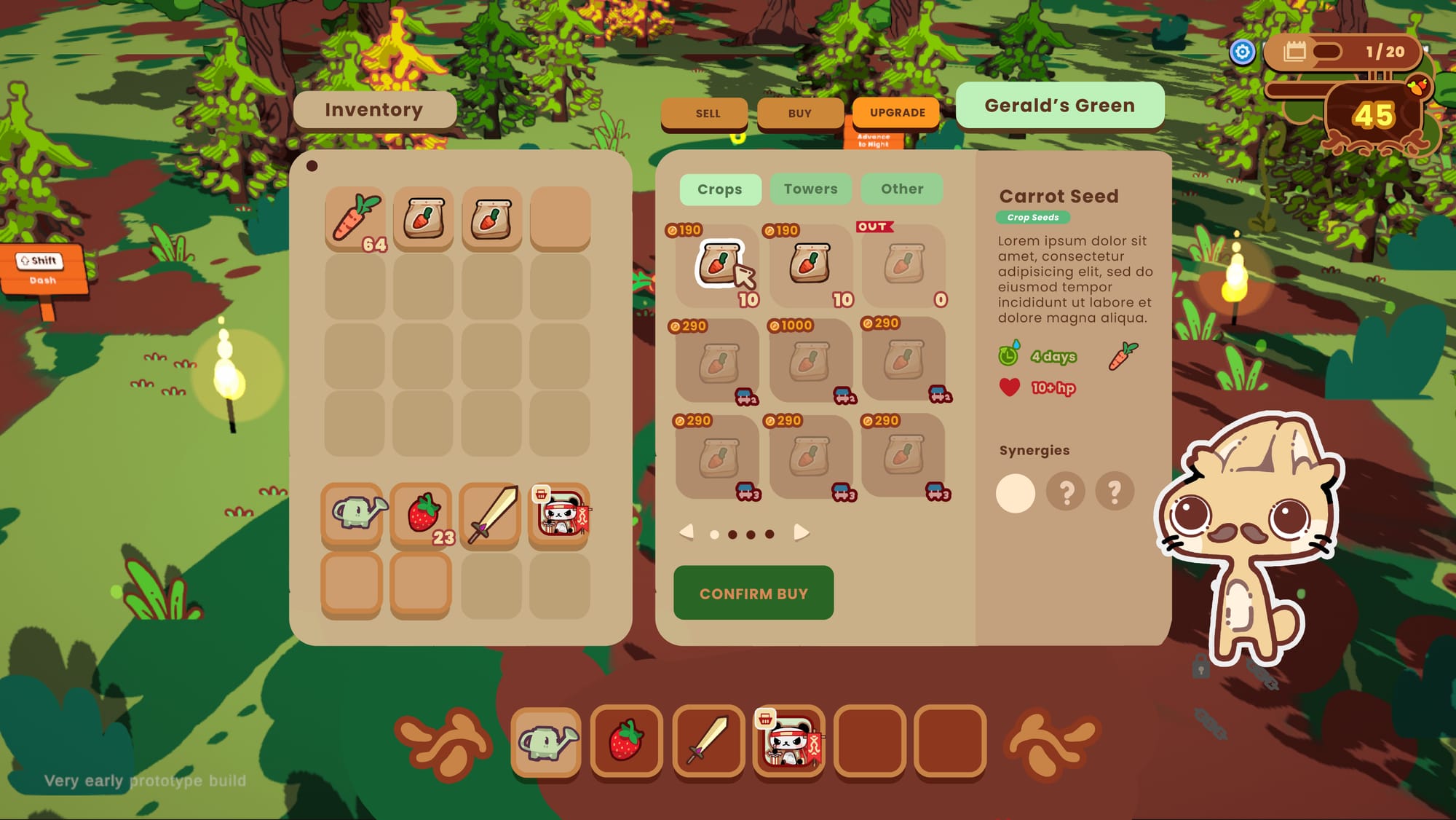 Image of the new shop UI, showing off new crops, towers, and other tabs, along with synergies. 