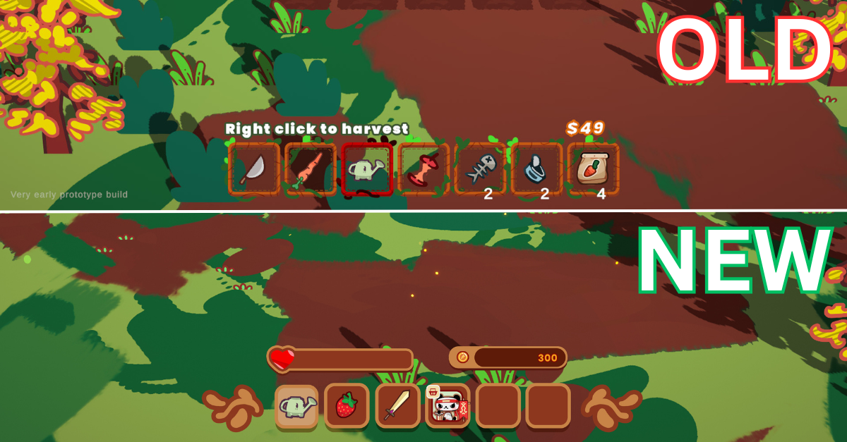 Image displays the old and new version of the inventory, with six slots, new health bar and new coin counter.