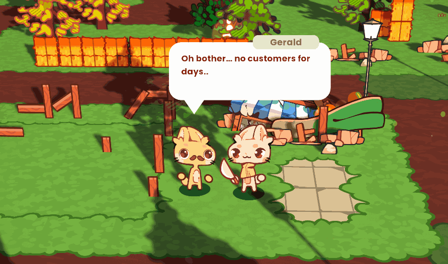 Gif showing an NPC talking with the Rabbit with a speech bubble